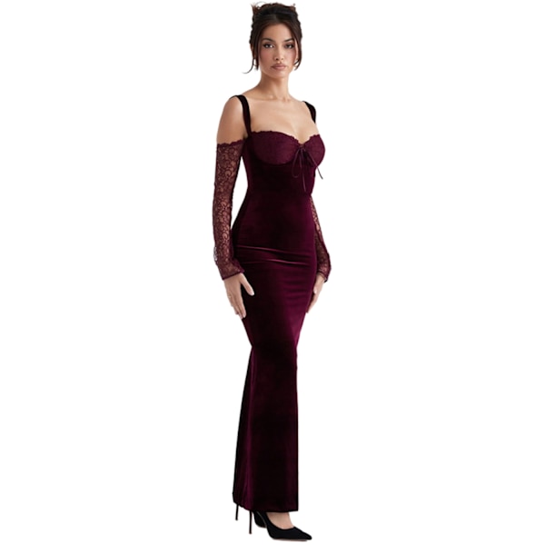 Kvinnors spetsbroderad halter-strapless hipster långklänning Red M
