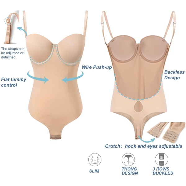 Rygglös Body Shaper för kvinnor Push Up BH Låg rygg String Bodysuit Nude L