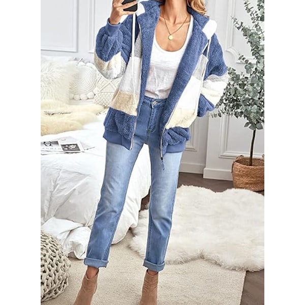 Damjacka med huva i fluffigt fleece, vinterjacka, cardigan, ytterkläder Blue S