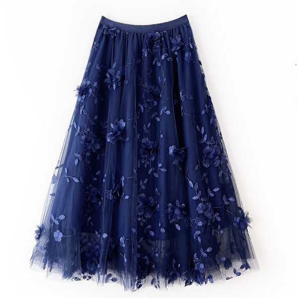 Dame 3D Mesh Blomst Broderet Tulle Midi Skørt Navy Blue