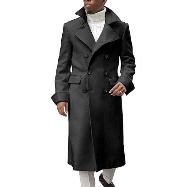 Mäns Notch Lapel Dubbelknäppt Lång Trench Coat Casual Cotton Blend Peacoat Black M