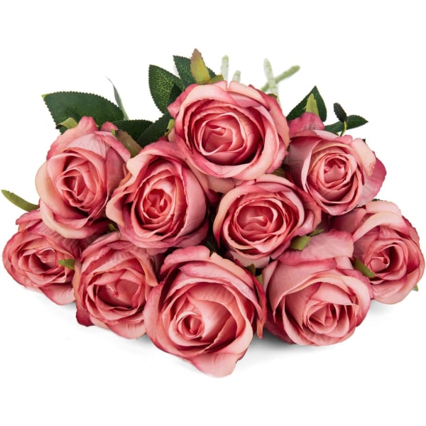 10 stk Kunstige Roseblomster Lange Stilker Kunstige Silke Roser Dark Pink