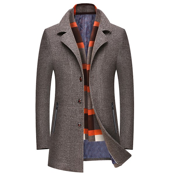 Mænds Uldblendsfrakke med Aftagelig Plaid-Sjal, Hakket Krave, Enkeltbryst Peacoat Trench Overfrakke Coffee 1 L