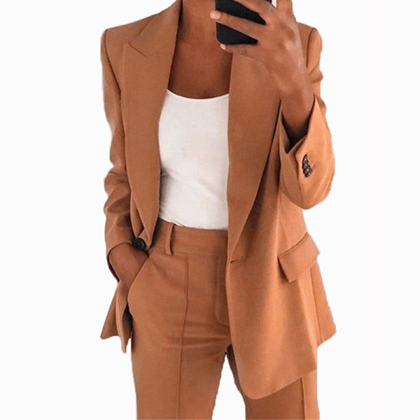 Dame Business Blazer Bukser Sæt, 2 Dele Outfits Blazer Jakkesæt BROWN L