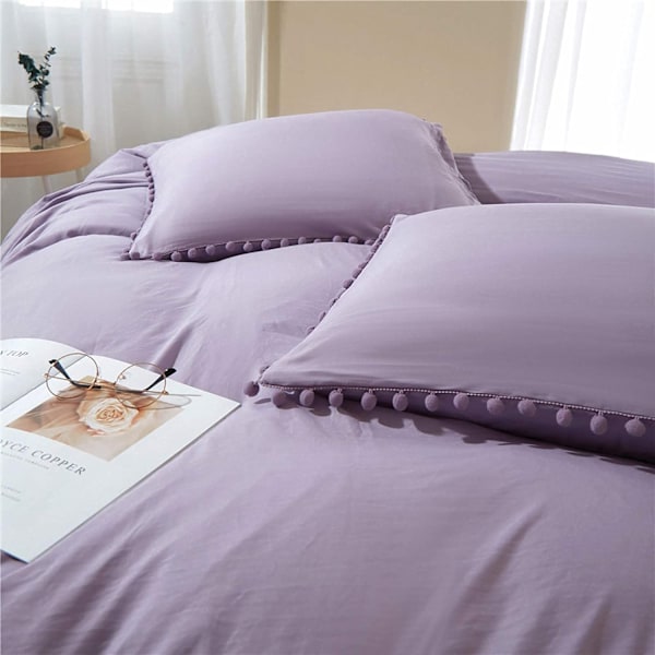 Bomullsöverdrag med Pompom- fransar, 3-delat Bohemiskt Mikrofiberset Purple Twin-168*228cm
