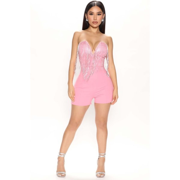 Dam V-hals Strass Tofs Tube Top One Piece Jumpsuits pink 2XL