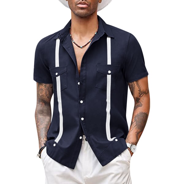 Kortärmad kubansk Guayabera-skjorta för män, Casual Beach Button Down-skjortor NAVY M