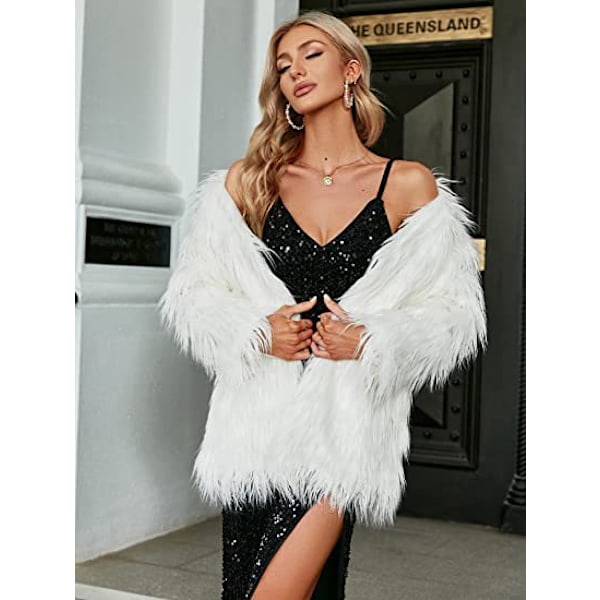 Dame Langærmet Fluffy Faux Fur Varmt Frakke White M