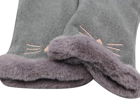Dame Suede Handsker Søde Kat Fleeceforet Varme Handsker Grey