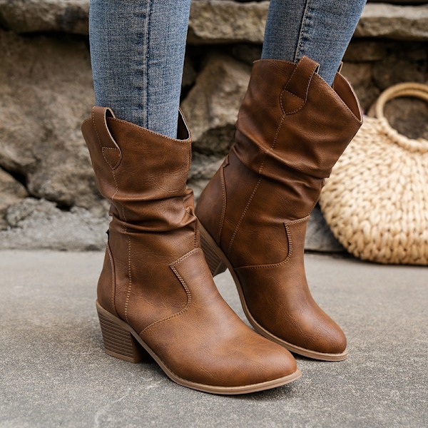 Damskor Western Ankle Boots Spetsig tå Chunky Block Mellanhög Klack Chelsea Cowboy Stövletter Brown 37