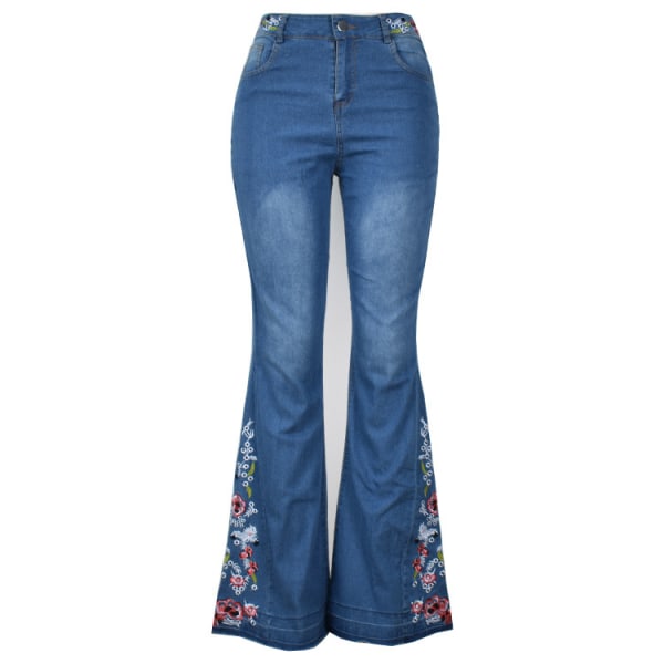 Damblommiga broderade Bell Bottom Flare Jeans dark blue 2XL