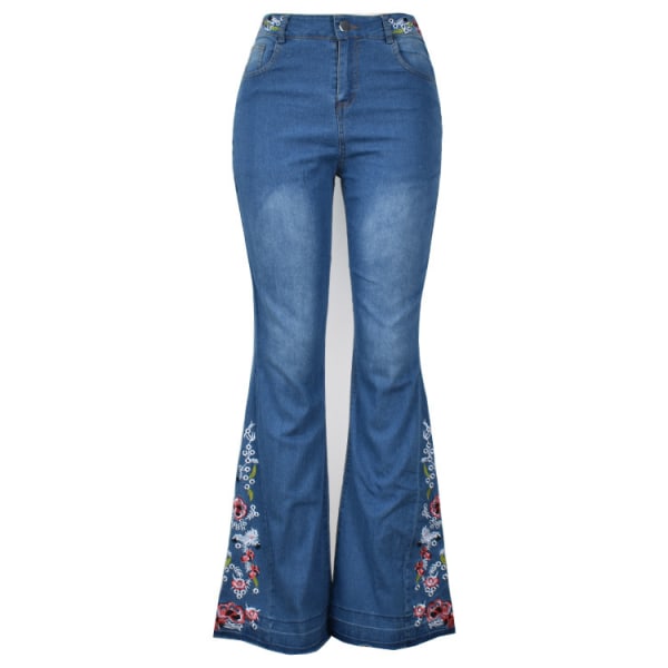 Damblommiga broderade Bell Bottom Flare Jeans dark blue L