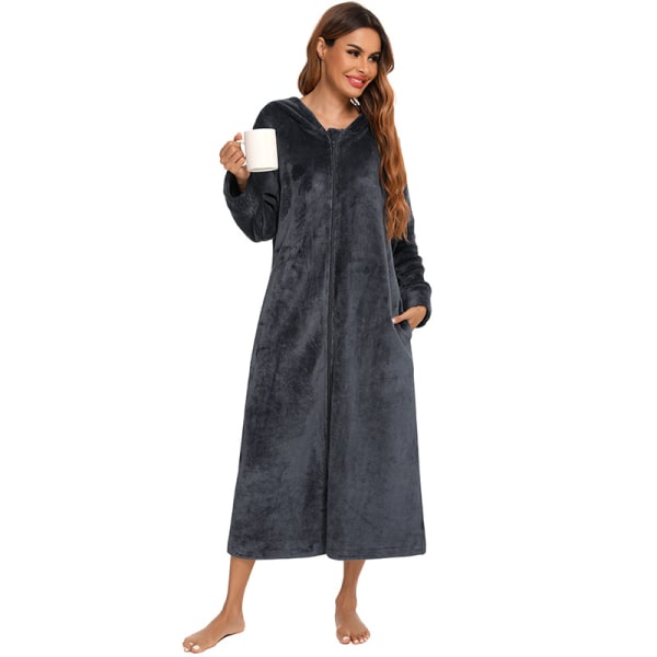Kvinners Zip Up Robe Sweatshirt Robe Lang Hetterobe Grey L