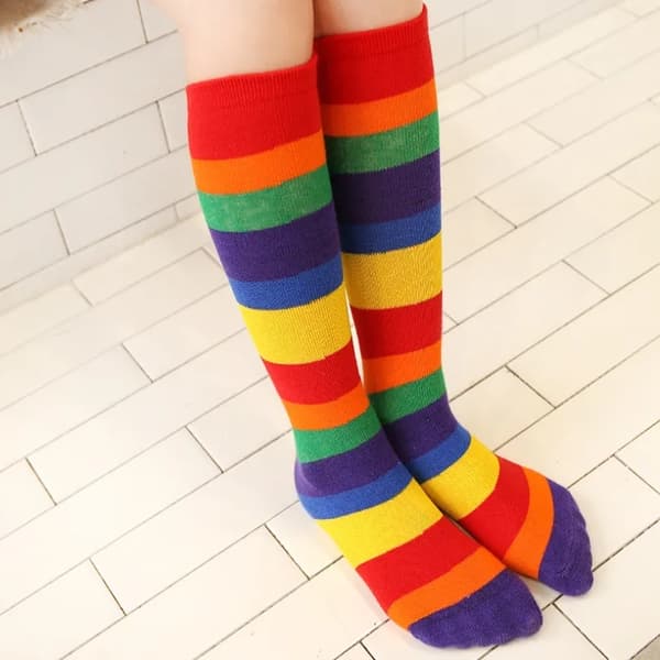 Pige Rainbow Strømper Stribede Knæhøje Strømper Lårhøje Strømper L