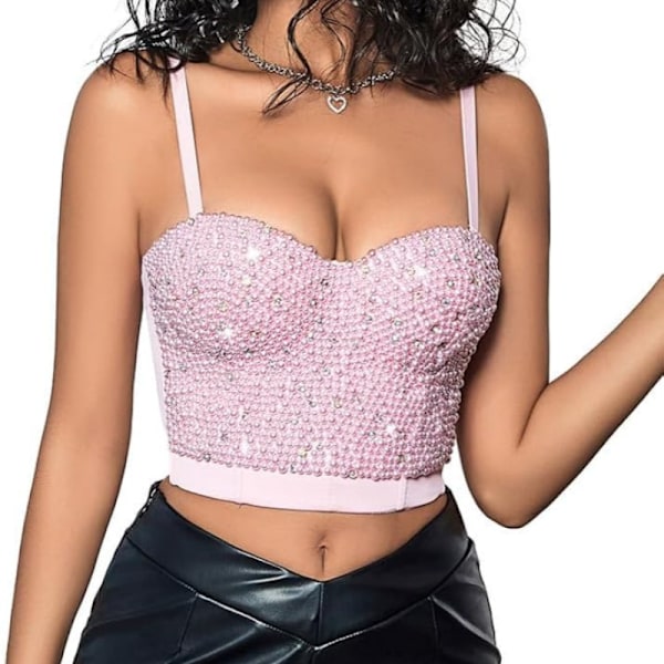 Sexy Perlebesat Rhinestone Bustier Crop Top Pink 36b