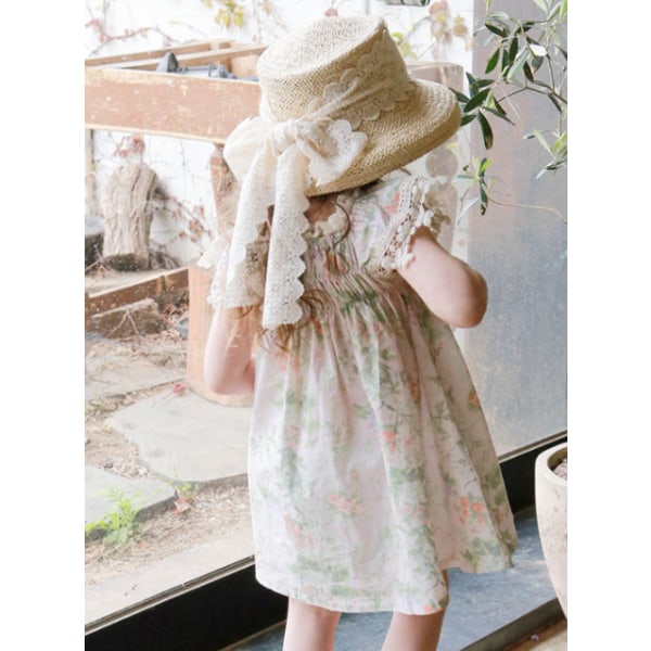 Nya blommiga klänningar med elastiska spetsärmar för barn white 120