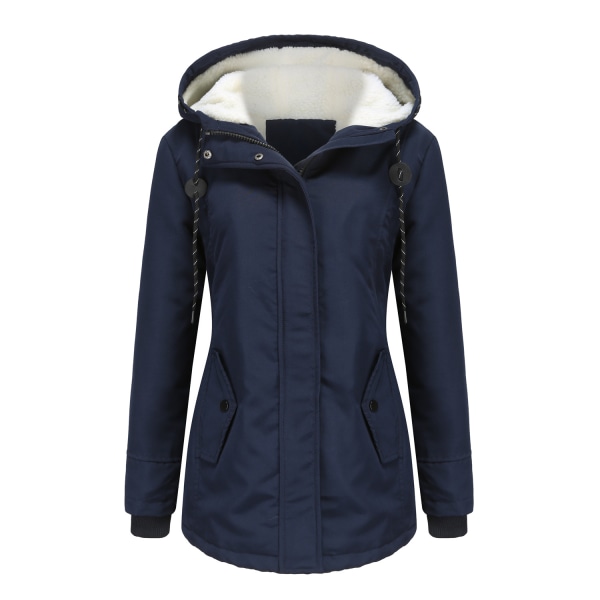 Dam vinter varm sherpafodrad jacka Heavy Parka Coat med huva Navy S