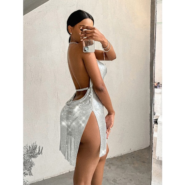 Kvinnors Sekvenshalsband Bodycon Miniklänning Split Hem Rygglös Sexig Kort Klänning Silver L