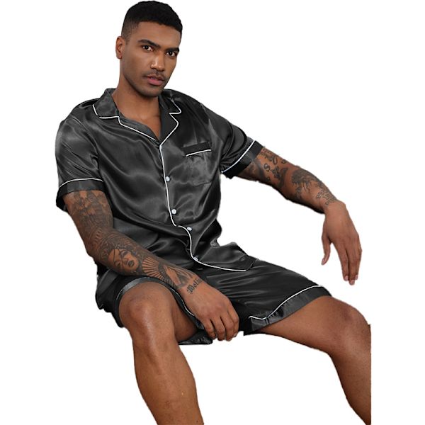 Män Satin Pyjamas Set 2 Delar Loungewear Knapp-Ner Pjs Set black M