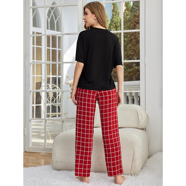 Dam Lounge Set i Bomull och Linne, Kortärmad Topp, Pyjamas, Långa Byxor Red M