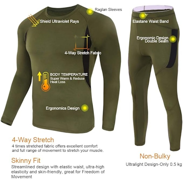 Termisk Underkläder för Män Långkalsonger Set med Fleecefodrad Army Green XL