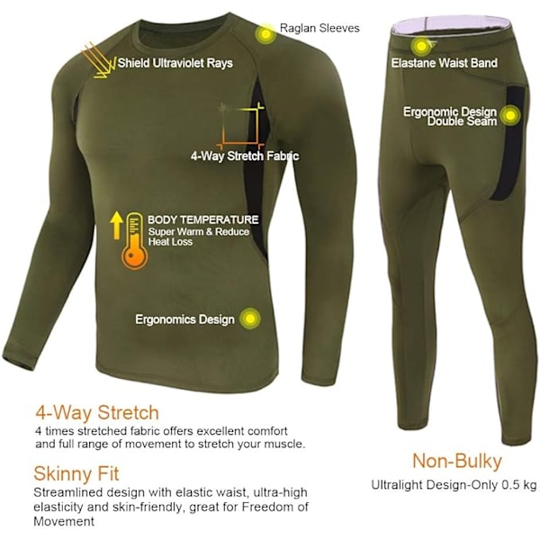 Termisk Underundertøj til Mænd Langt Underbukser Sæt med Fleecefoer Army Green L