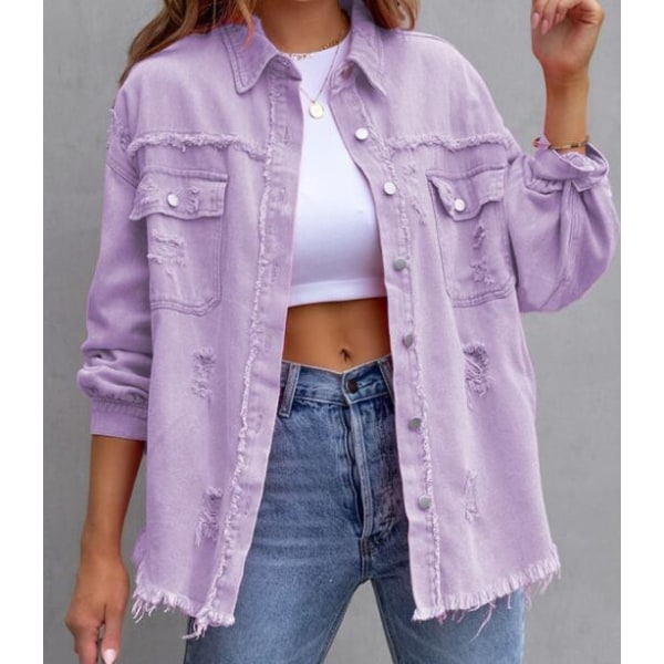 Midileng Løstsittende Denimjakke for Kvinner Purple 2XL