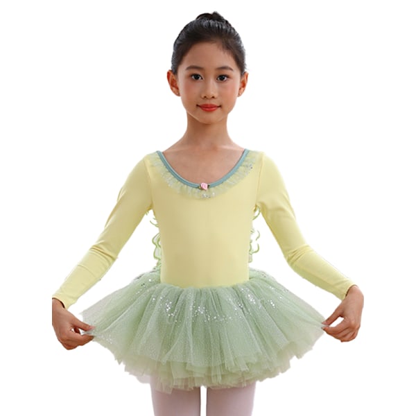 Pige Ballet Leotards Langærmet Danse Tutu Kjole Yellow 140