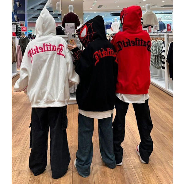 Huvtröja med dragkedja för män, spindelgrafik, långärmad red M
