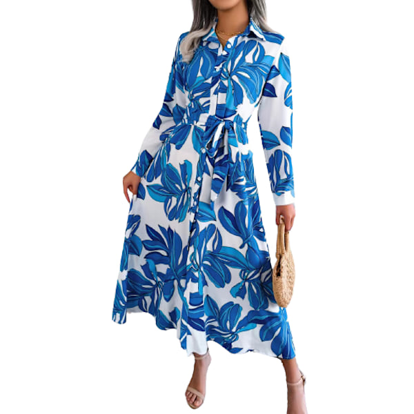 Elegant Damekjole med Langærmer, Lapel og A-linje Blue M