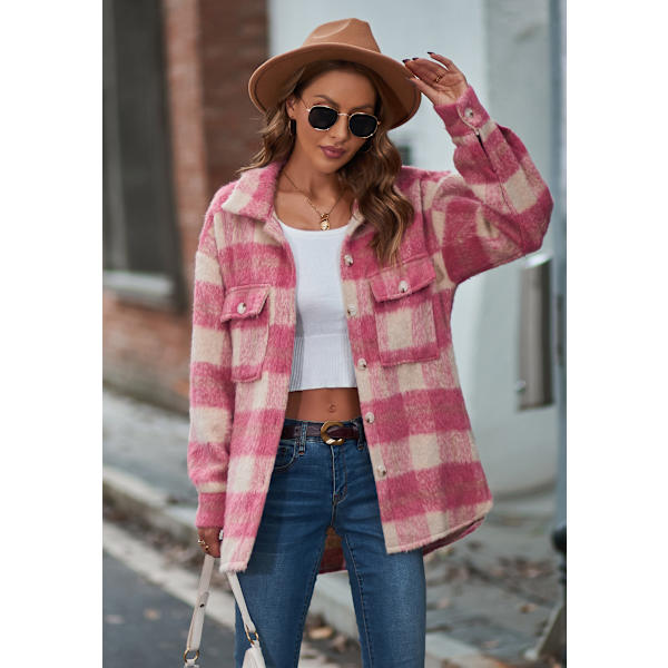 Dametøj Langærmet Casual Plaid Shacket Jakker Skjorter Lapel Tweed Peacoat Pink M