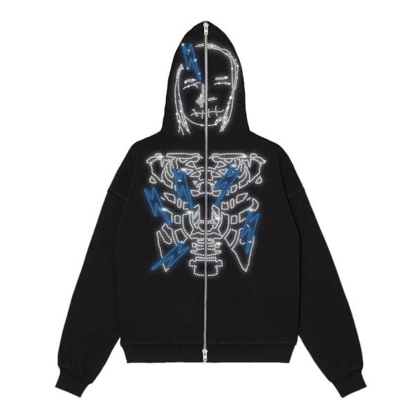 Y2k Skeleton Full Zip Up Hoodies Dam Herr Strass Skull Sweatshirt med grafiskt print style 3 L