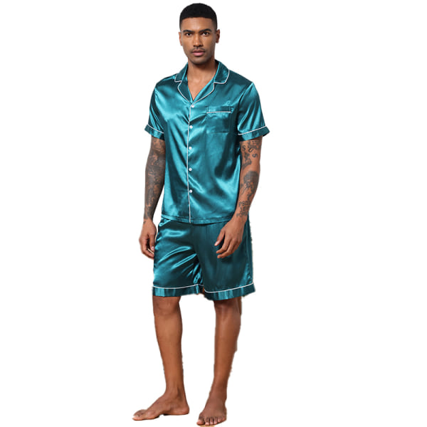 Män Satin Pyjamas Set 2 Delar Loungewear Knapp-Ner Pjs Set green L
