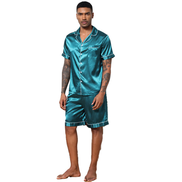 Men Satin Pyjamas Set 2 st Loungewear Button Down Pjs Set green XL