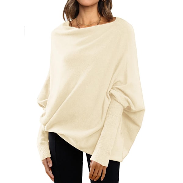 Naisten Lepakkohihainen Ylisuuri Neulepaita Asymmetrinen Olkapäältä Päältä Venytettävä Venekaulus Tunic-Paita Beige L