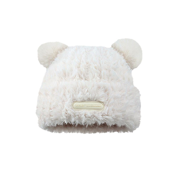 Søt Fuzzy Bjørnøre Beaniehatt for Kvinner White