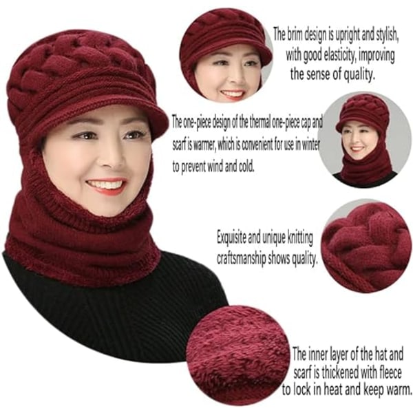 Fleeceforet Beanie Hat til Kvinder Vinterhat Halsklæde Maske Sæt Red