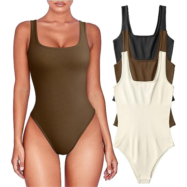 3-pack Dam Bodysuits - Sexig Ribbad En-dels Sleeveless Tank Top Bodysuits Black Coffee Beige M
