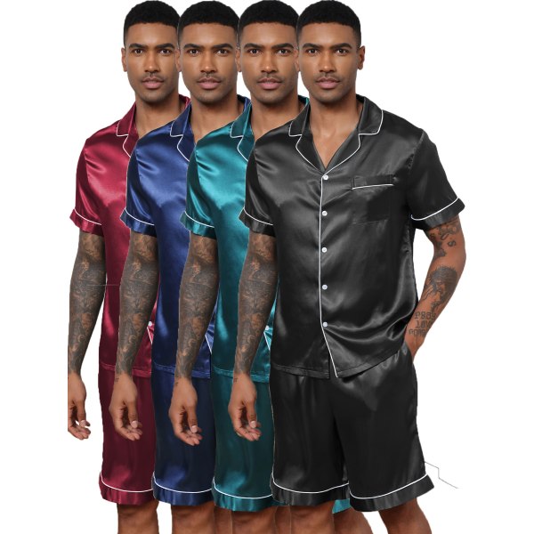 Men Satin Pyjamas Set 2 st Loungewear Button Down Pjs Set navy blue XL