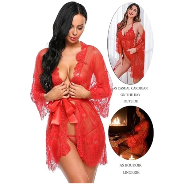 Damspets Kimono Robe Babydoll Underkläder Mesh Nattlinne Red 3XL