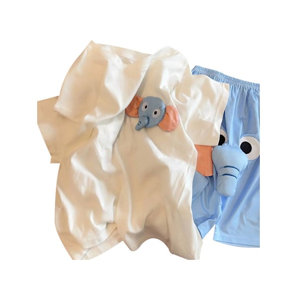 Unisex T-shirt och Shorts Set med Cartoon Elefant Mjukt Djursovkläder Blue M