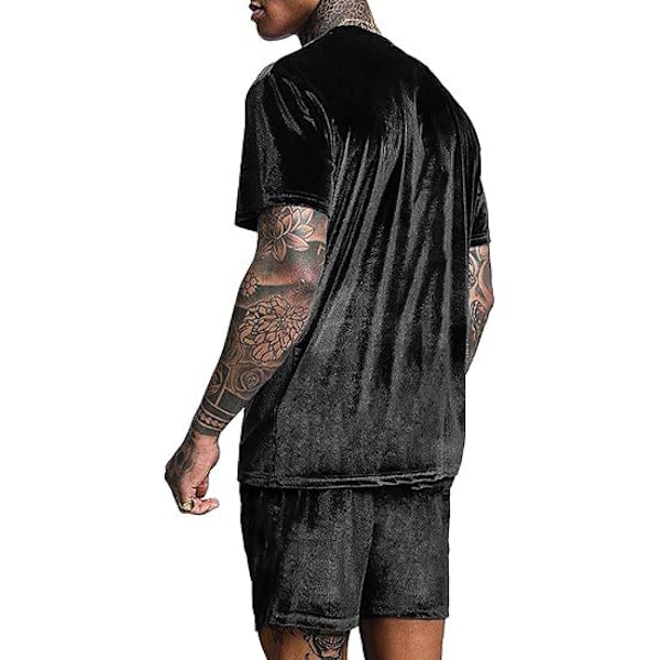 Män Velour Skjorta Pullover Shorts 2-Delad Outfit Spårkostym Black M