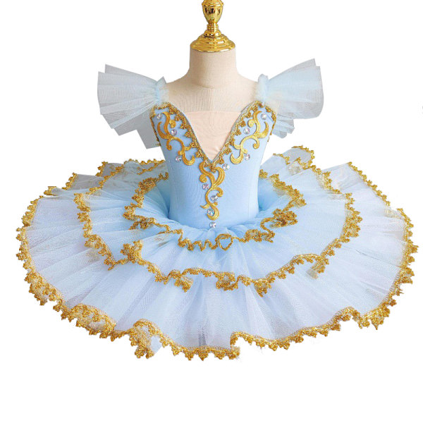 Piges Tutu Skørtet Leotard med Broderet Ruffet Ærme Ballet Dansedragt Blue 130