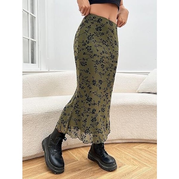 Lettuce Trim Hög Midja Mesh Fishtail Bodycon Lång Kjol för Dam green M