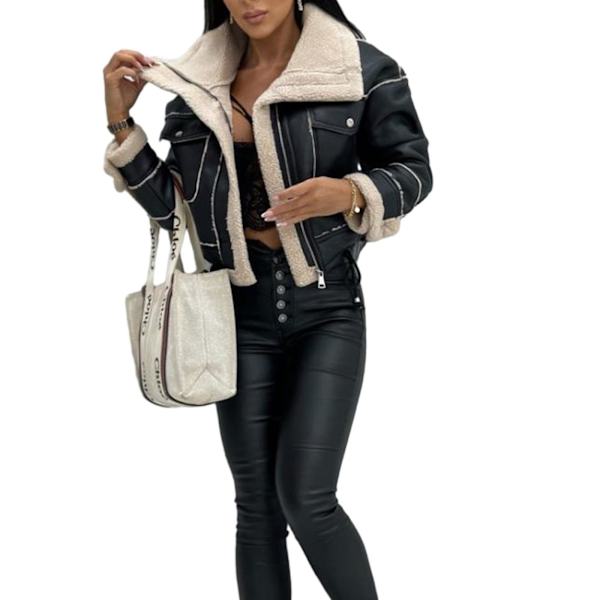 Naisten villainen lyhyt takki vetoketjullinen biker-takki Black L