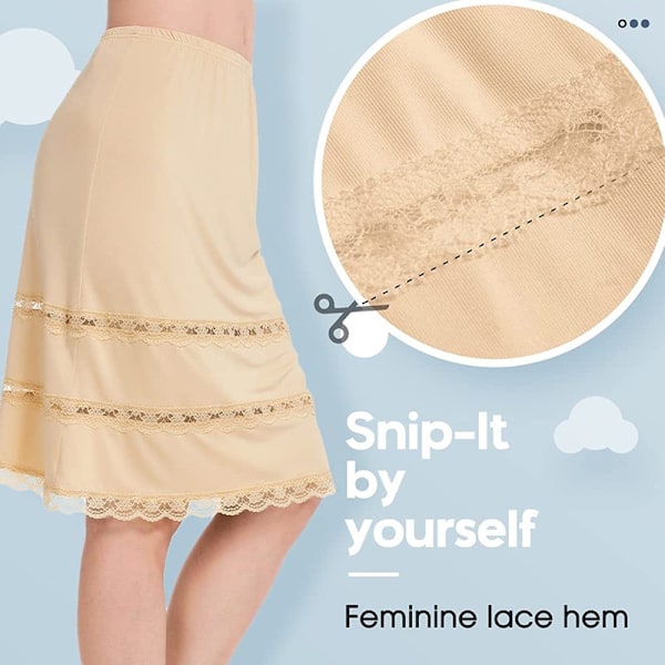 Halv Slips för Kvinnor Underskjort Klänning Spets Kant Knälång Kort Kjol Beige XL