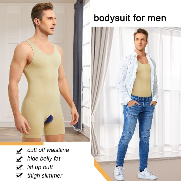 Män ärmlös Helkroppsformare Underkläder Slimming Compression Body Shapewear Skin XS