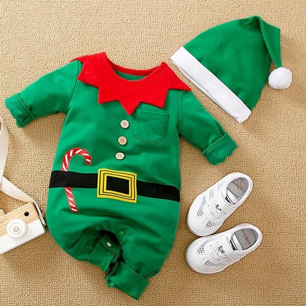 Babykläder för pojkar och flickor, Jultomten Kostym, 1:a Juloutfit med Hatt, Storlek 0-24 Månader Green 90