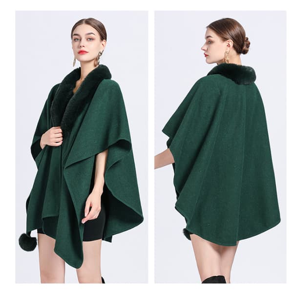 Faux Fur Trim Cardigan Kappe Sjal til Efterår Vinter Dark green
