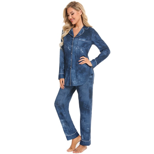 Pyjamas Set för Kvinnor, Långärmad, Knappar, Nattkläder, Bomull, Pj-Set Blue XL